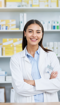 woman pharmacist smiling at counter